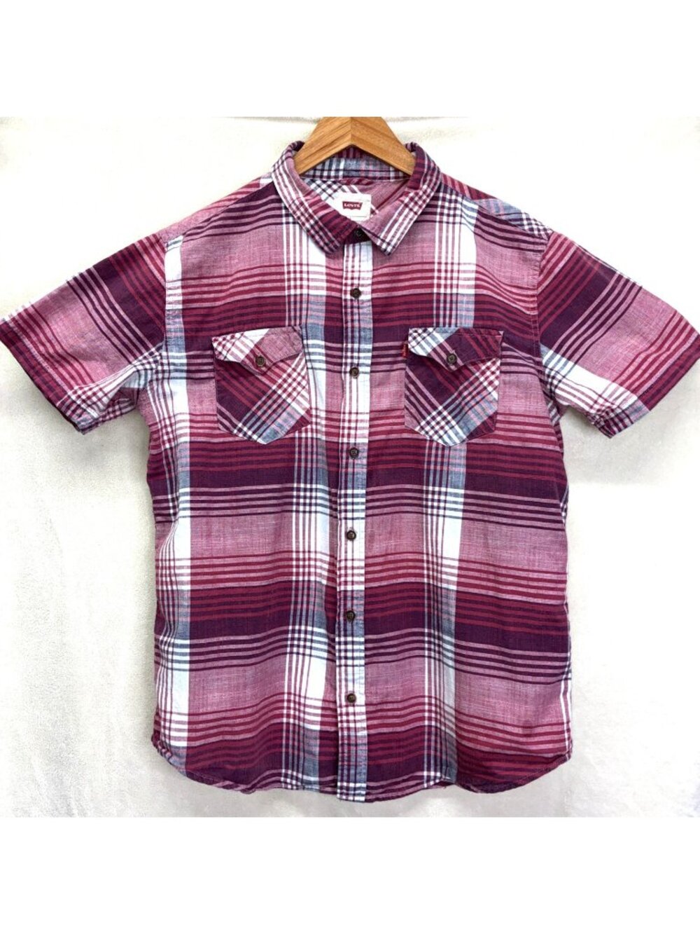 Levi's Button Short Sleeve Red Plaid Shirt  100% Cotton Pockets Woven Sz L #z